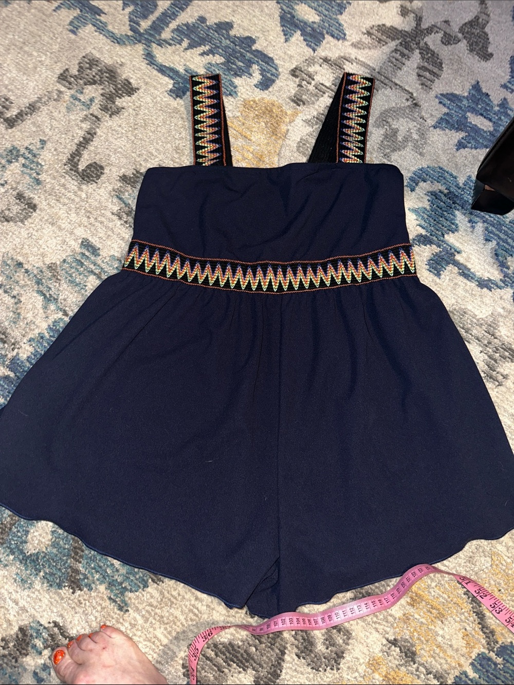 Navy Chevron Embroidered Strap Romper Sz Large - Picture 7 of 7